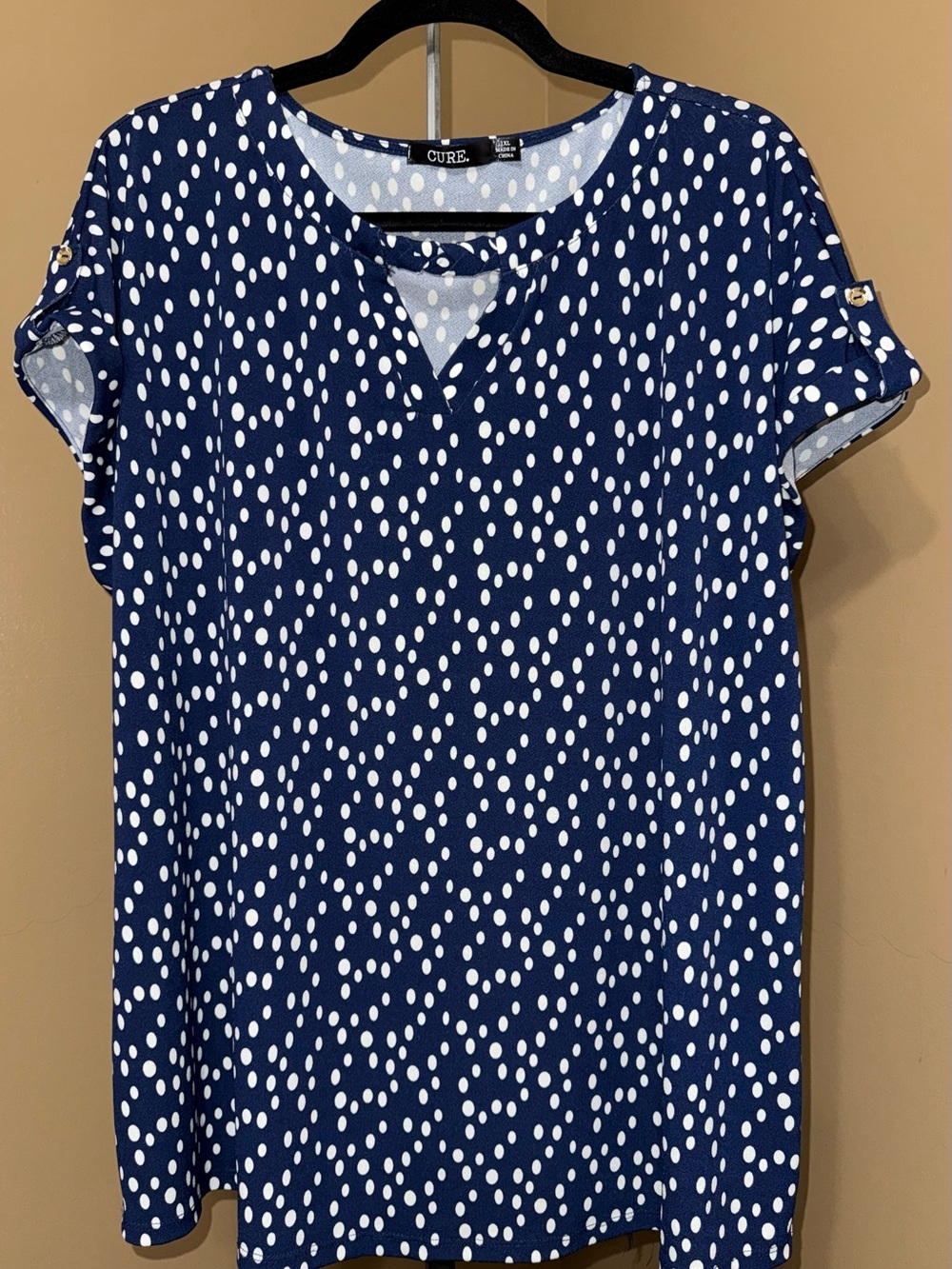 NEW CURE Navy Blue Polka Dot Short Sleeve Top. Size 1X.
